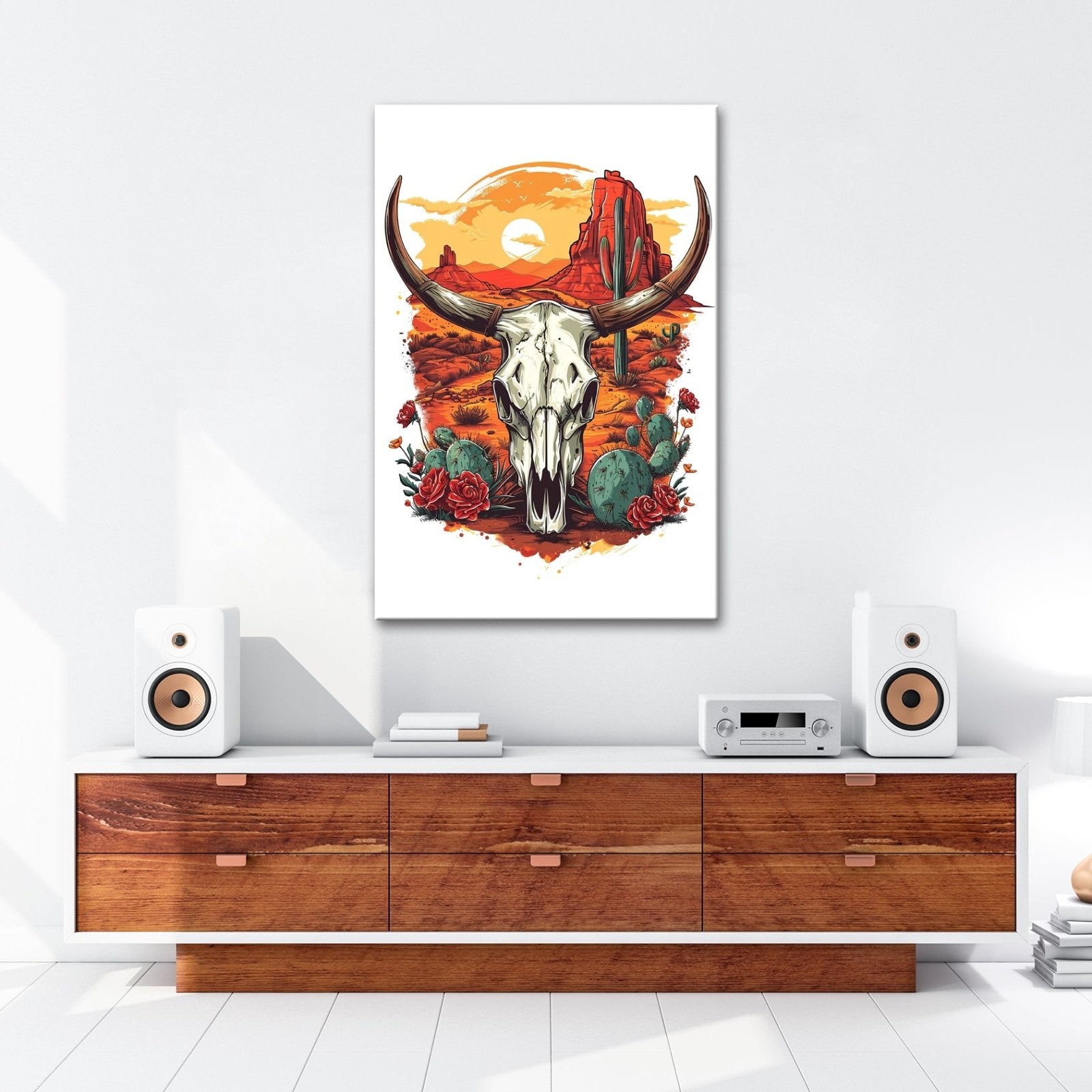 Leinwandbild Western - Szene mit Büffelschädel und Wüstenlandschaft - deyoli