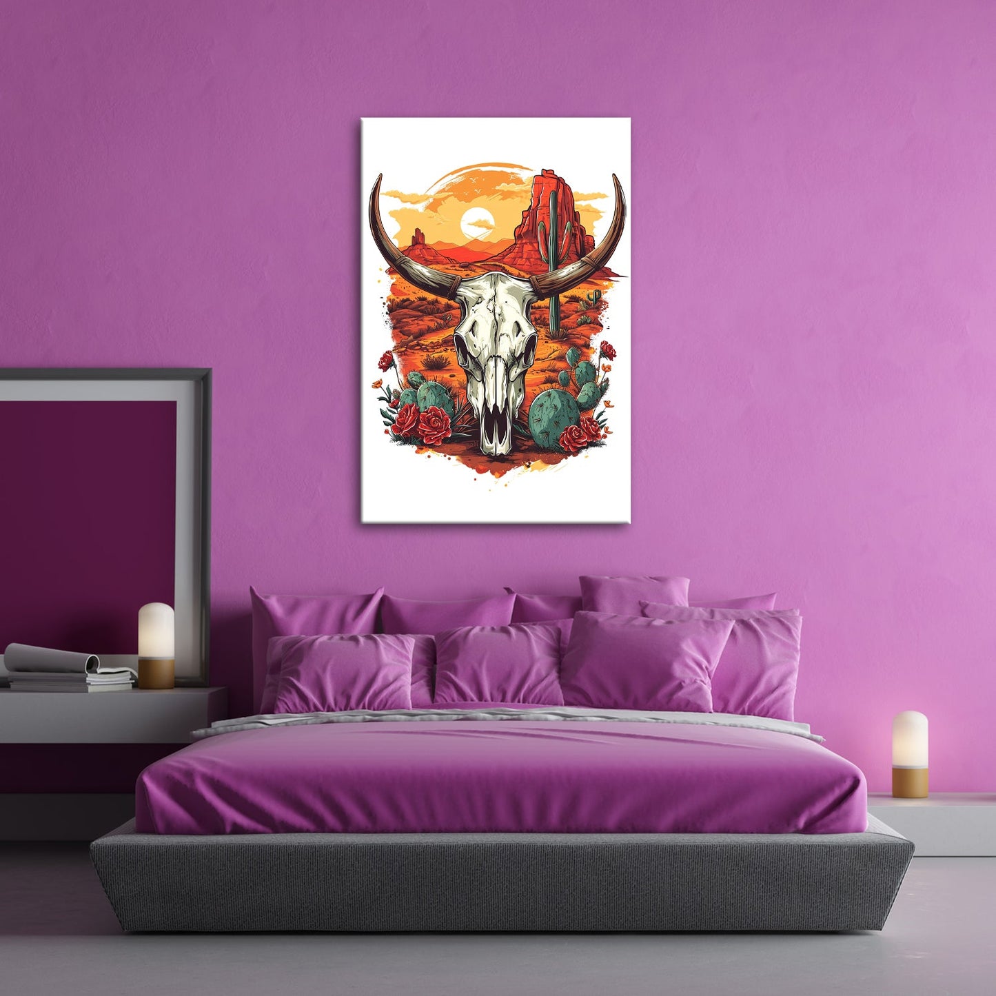 Leinwandbild Western - Szene mit Büffelschädel und Wüstenlandschaft - deyoli