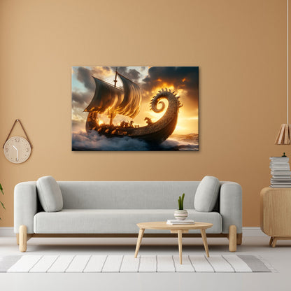 Leinwandbild Wikingerdrache XXL – Stürmt golden in den Sonnenuntergang - deyoli