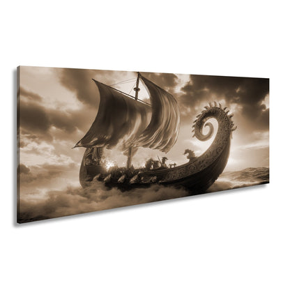 Leinwandbild Wikingerdrache XXL – Stürmt golden in den Sonnenuntergang - deyoli