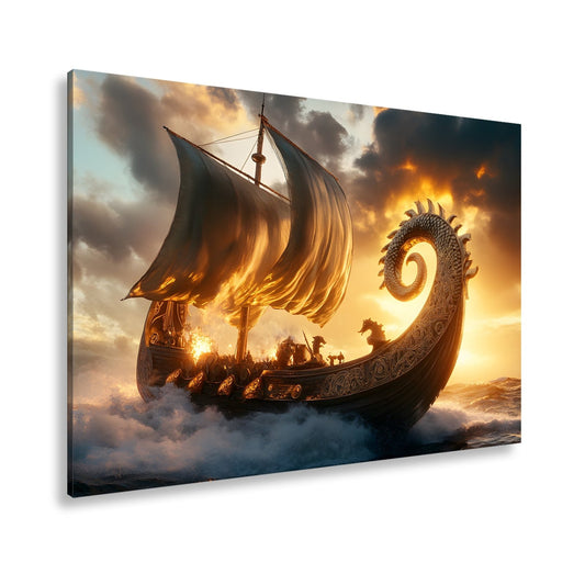 Leinwandbild Wikingerdrache XXL – Stürmt golden in den Sonnenuntergang - deyoli