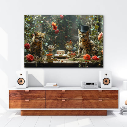 Leinwandbild Wildkatzen XXL – Elegante Teestunde im märchenhaften Garten - deyoli