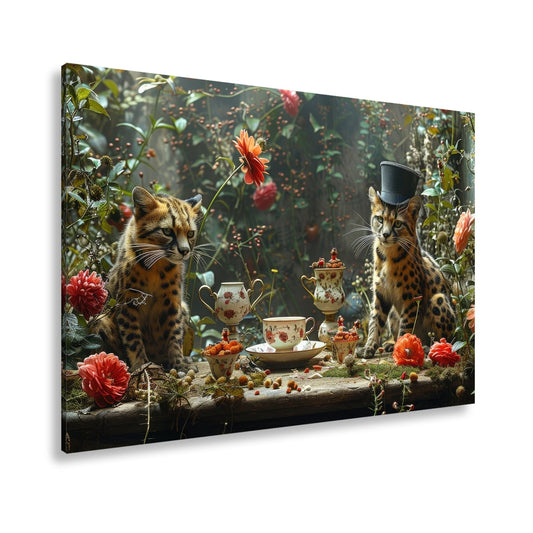 Leinwandbild Wildkatzen XXL – Elegante Teestunde im märchenhaften Garten - deyoli