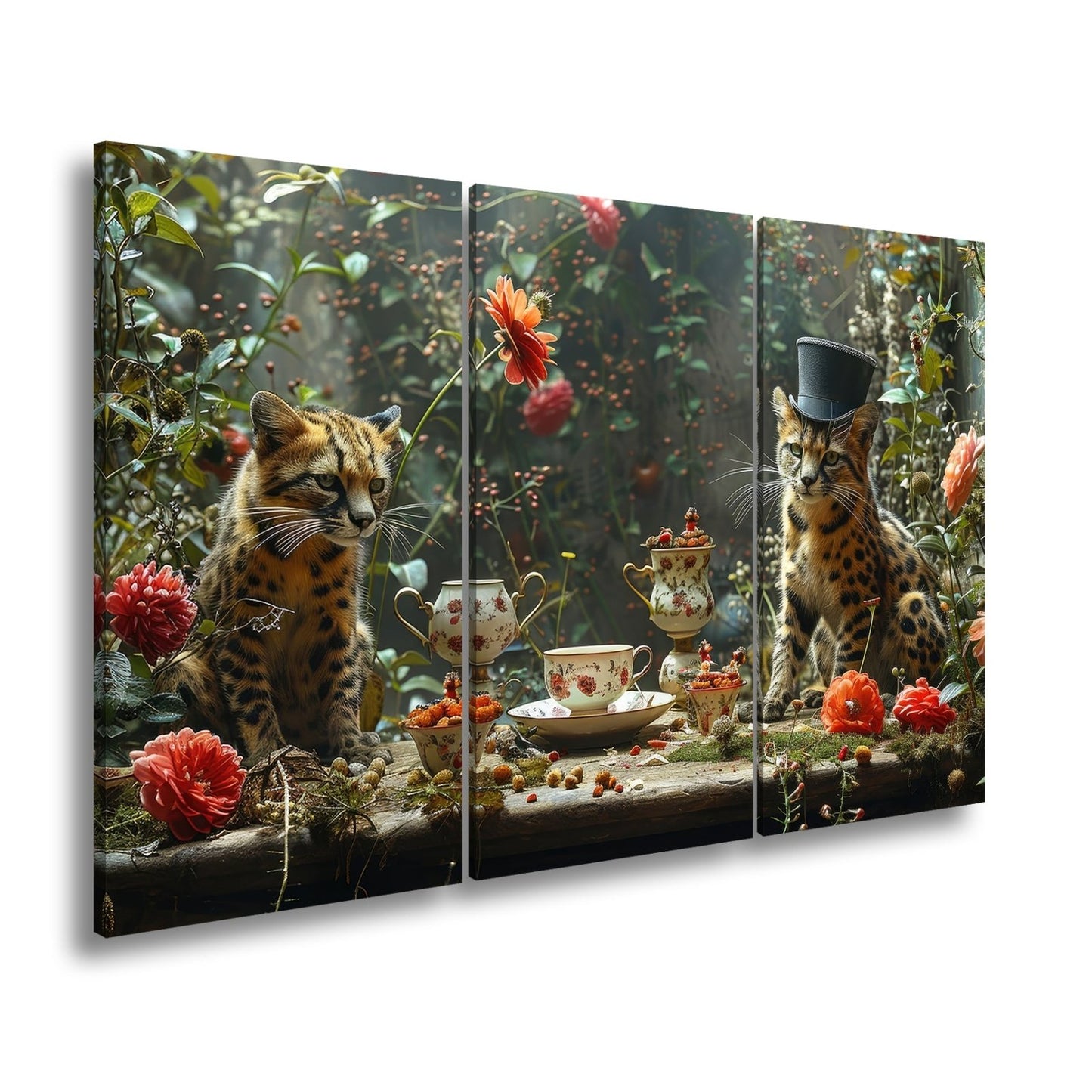 Leinwandbild Wildkatzen XXL – Elegante Teestunde im märchenhaften Garten - deyoli