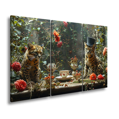 Leinwandbild Wildkatzen XXL – Elegante Teestunde im märchenhaften Garten - deyoli