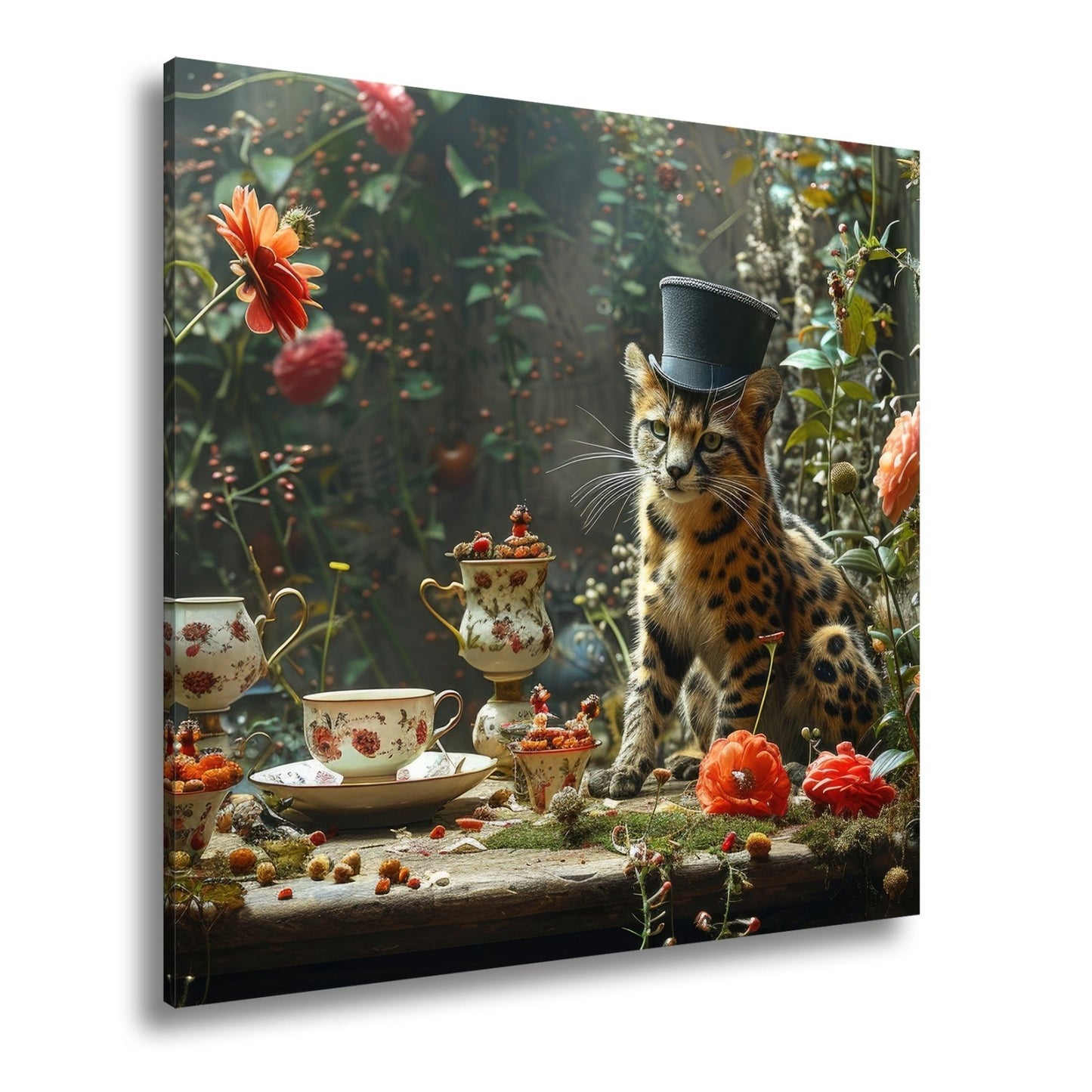 Leinwandbild Wildkatzen XXL – Elegante Teestunde im märchenhaften Garten - deyoli