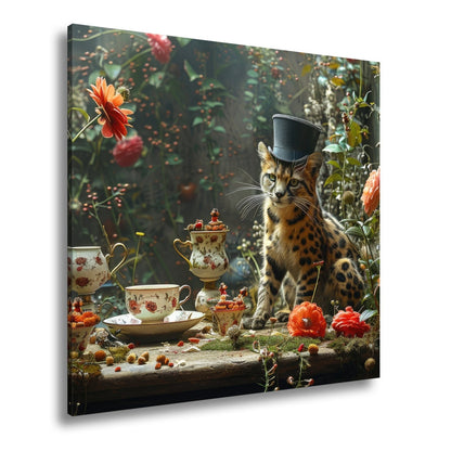 Leinwandbild Wildkatzen XXL – Elegante Teestunde im märchenhaften Garten - deyoli
