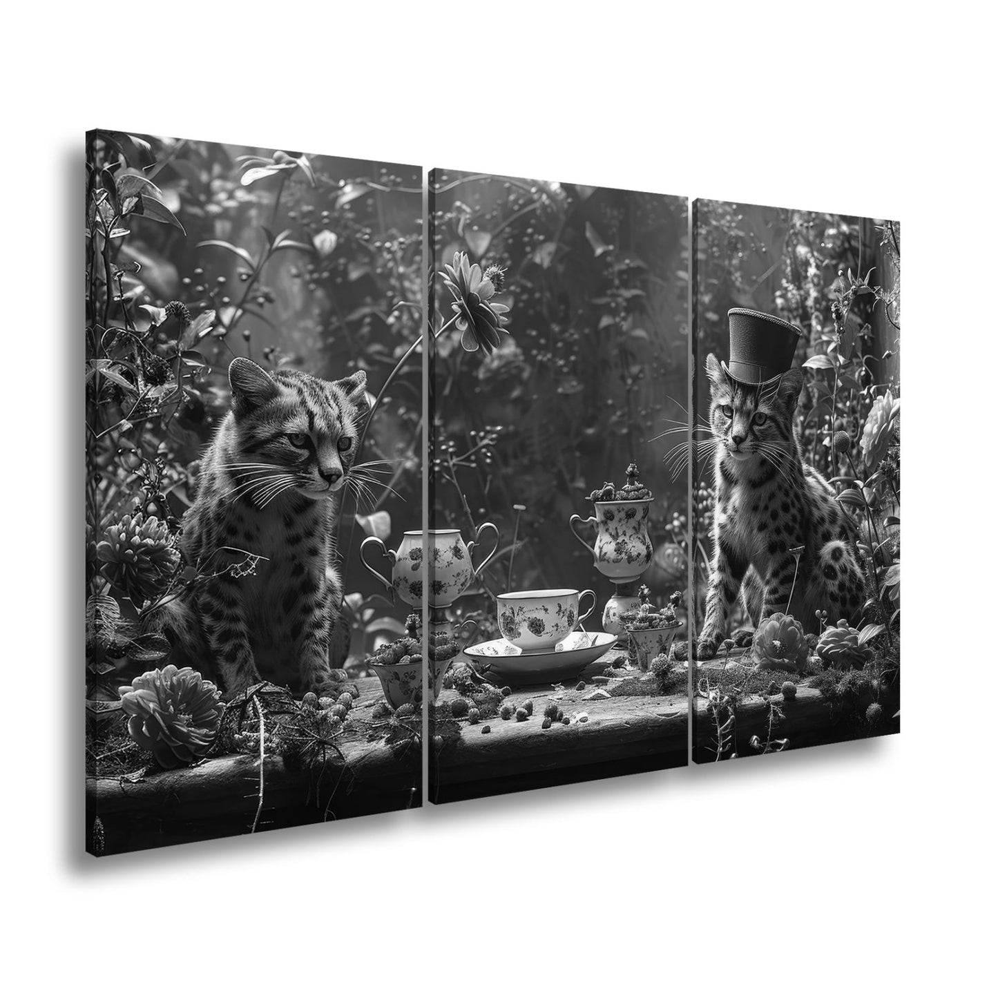 Leinwandbild Wildkatzen XXL – Elegante Teestunde im märchenhaften Garten - deyoli