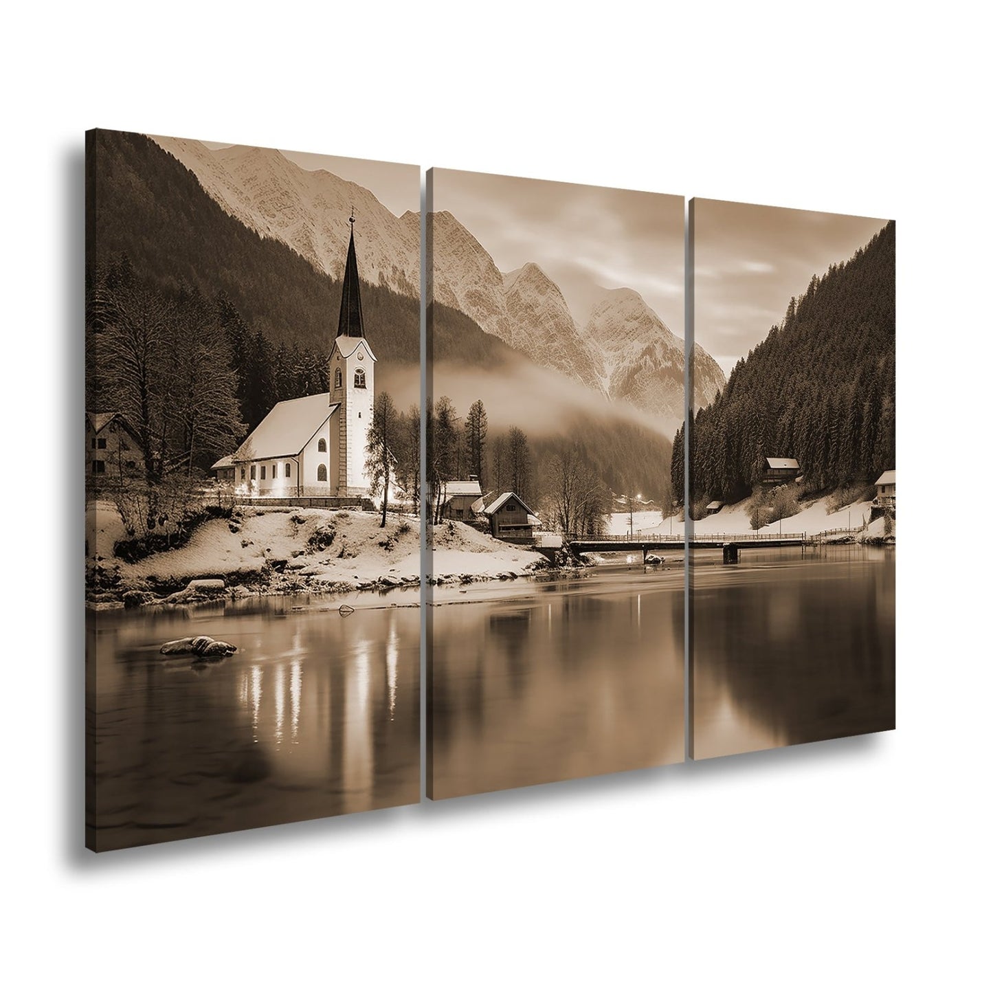 Leinwandbild Winterkapelle am See – Blaue Idylle Schnee XXL Canvas - deyoli