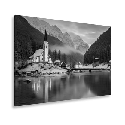 Leinwandbild Winterkapelle am See – Blaue Idylle Schnee XXL Canvas - deyoli