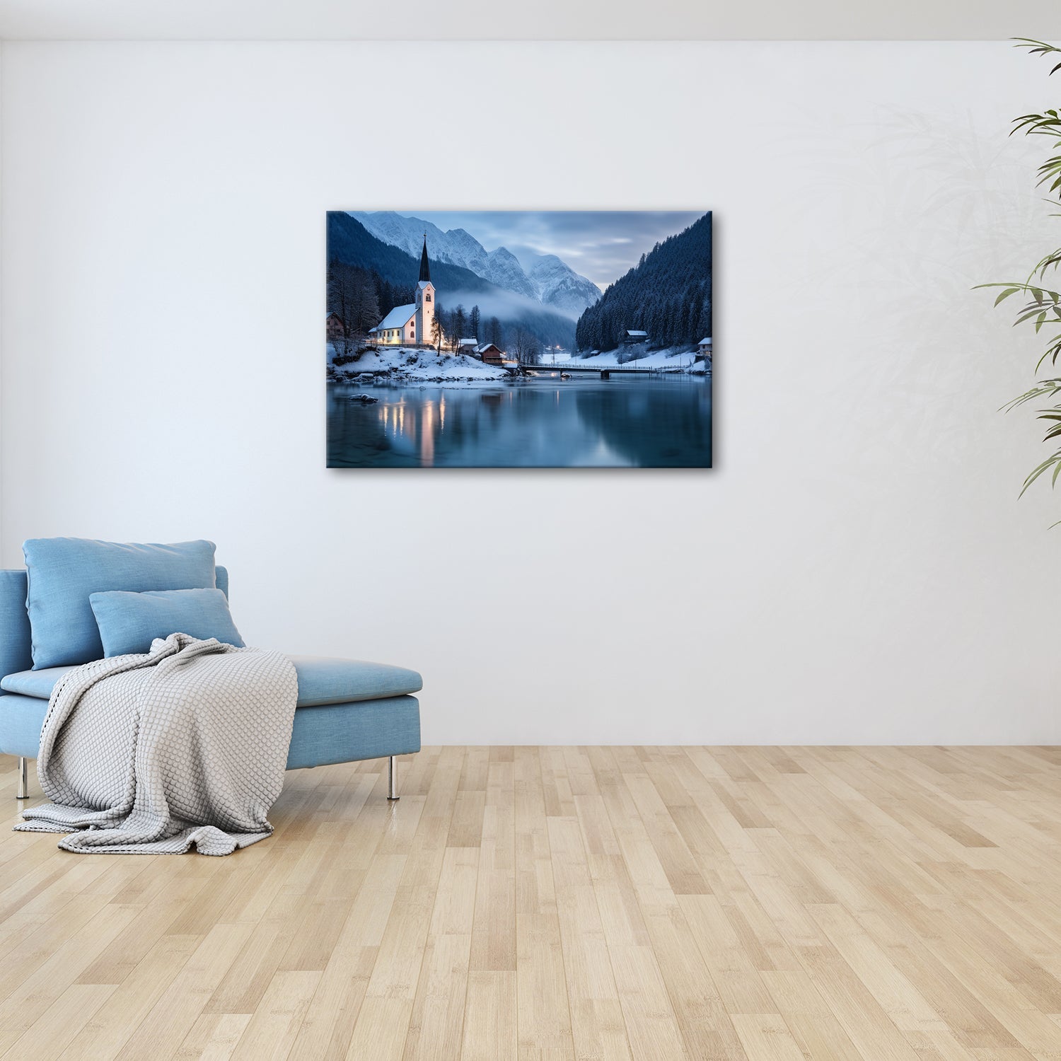 Leinwandbild Winterkapelle am See – Blaue Idylle Schnee XXL Canvas - deyoli