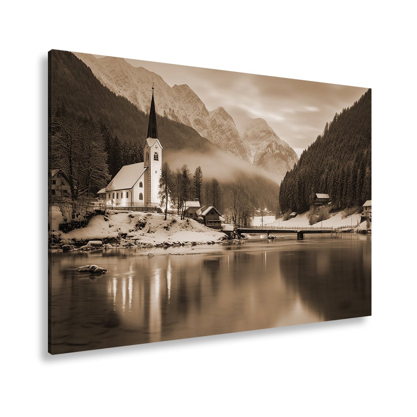 Leinwandbild Winterkapelle am See – Blaue Idylle Schnee XXL Canvas - deyoli
