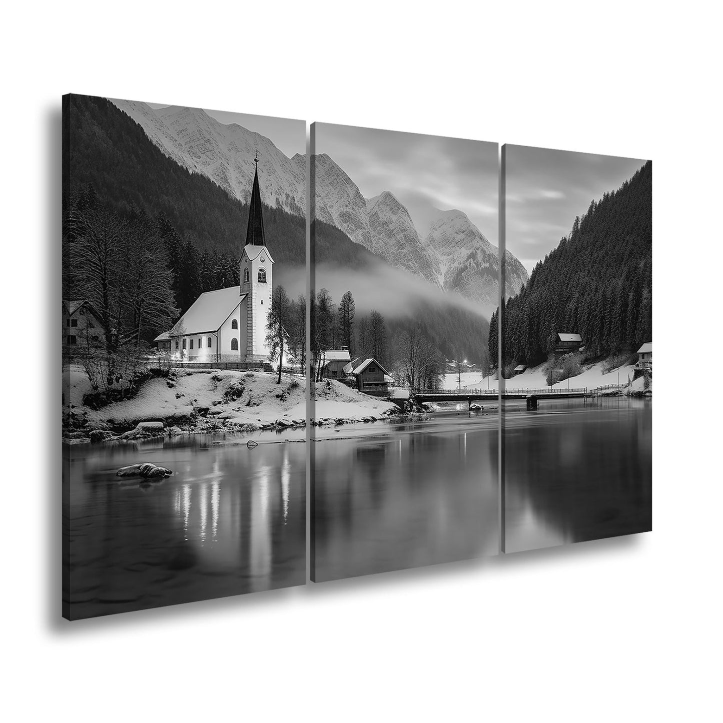 Leinwandbild Winterkapelle am See – Blaue Idylle Schnee XXL Canvas - deyoli