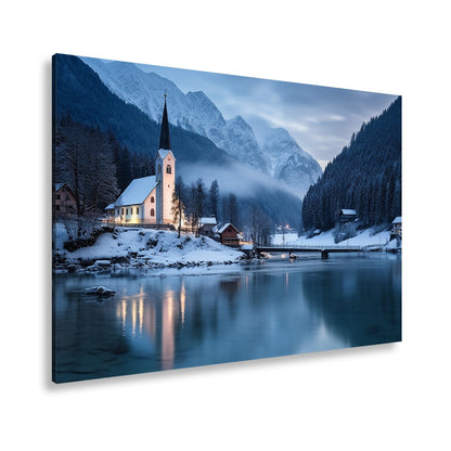 Leinwandbild Winterkapelle am See – Blaue Idylle Schnee XXL Canvas - deyoli
