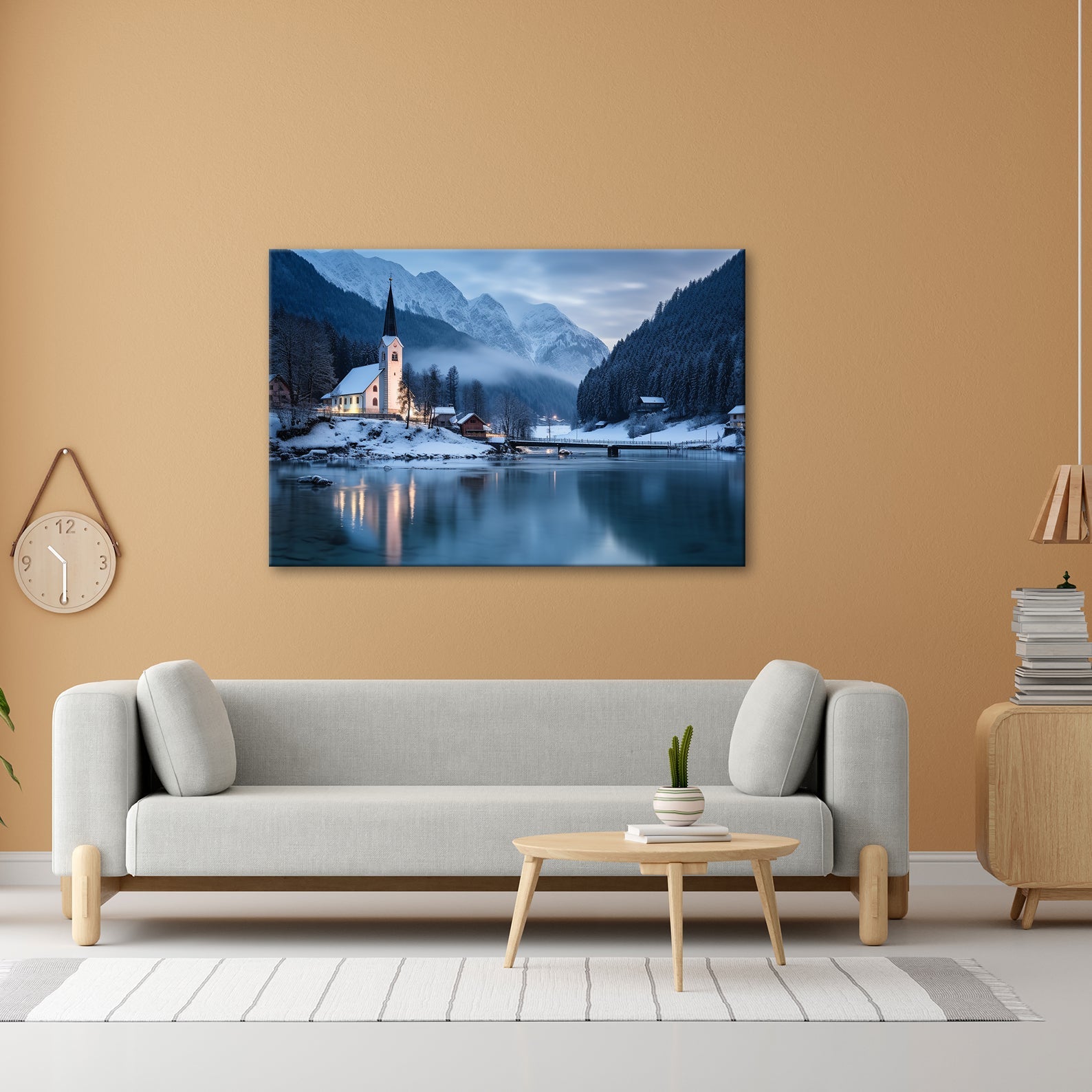 Leinwandbild Winterkapelle am See – Blaue Idylle Schnee XXL Canvas - deyoli