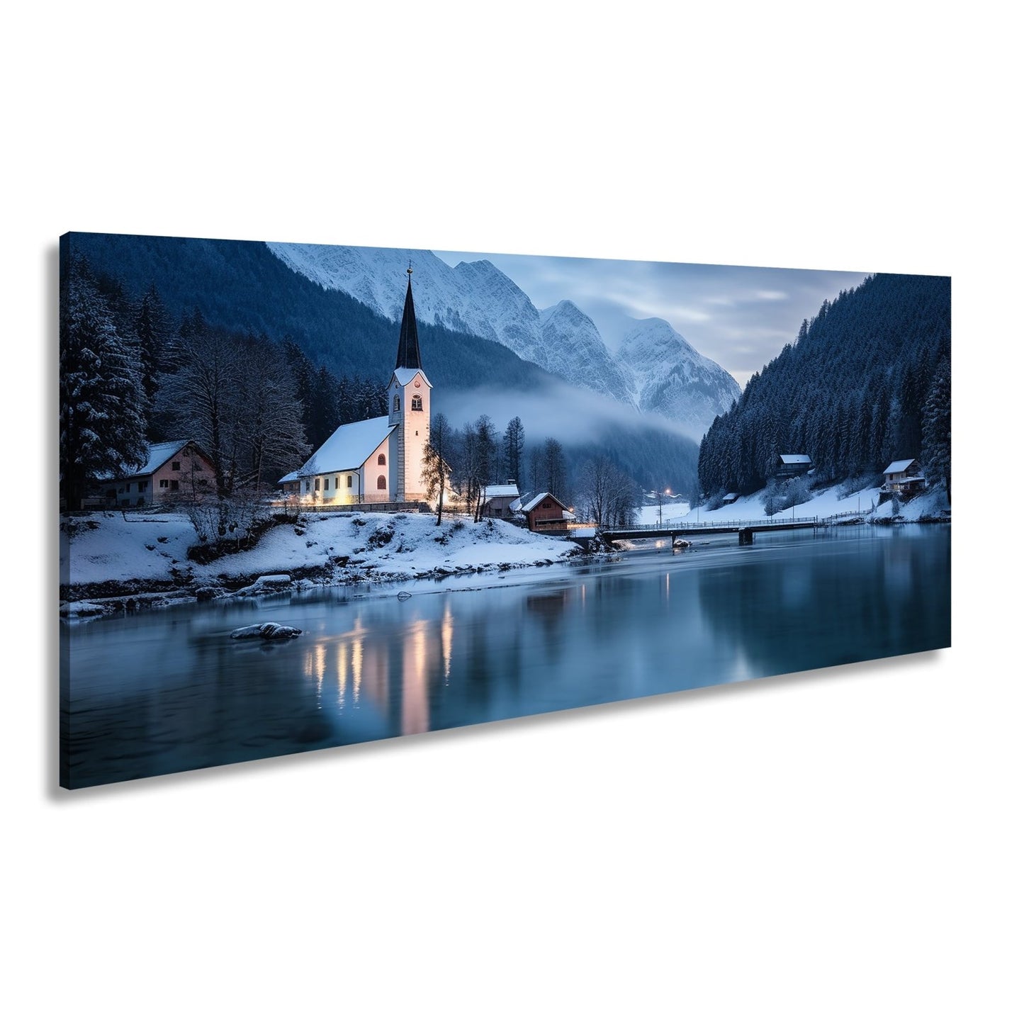 Leinwandbild Winterkapelle am See – Blaue Idylle Schnee XXL Canvas - deyoli