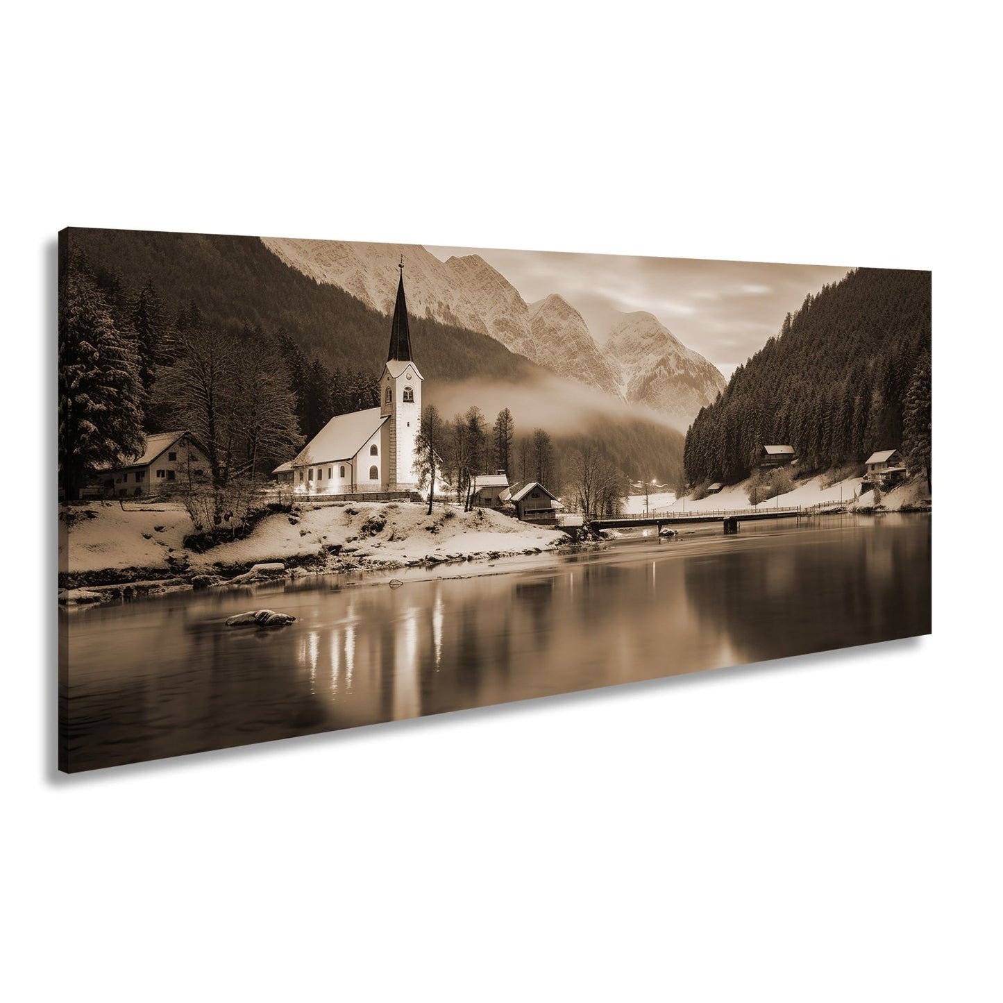 Leinwandbild Winterkapelle am See – Blaue Idylle Schnee XXL Canvas - deyoli