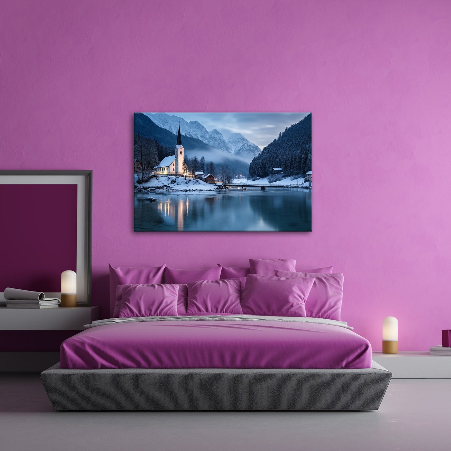 Leinwandbild Winterkapelle am See – Blaue Idylle Schnee XXL Canvas - deyoli