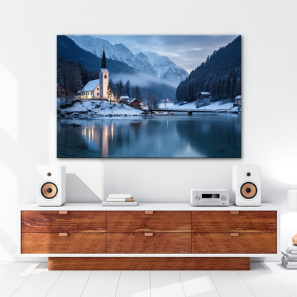 Leinwandbild Winterkapelle am See – Blaue Idylle Schnee XXL Canvas - deyoli