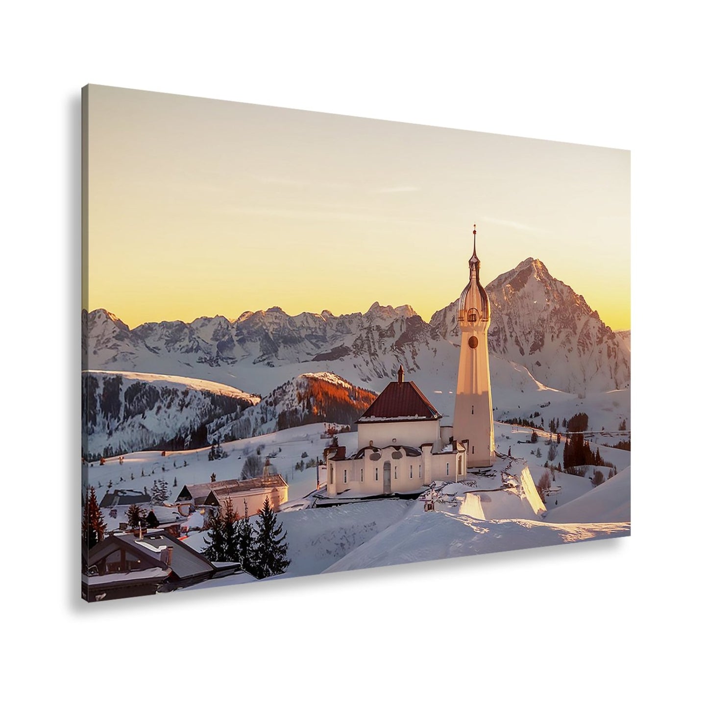 Leinwandbild Winterkirche im Alpenglühen – Stille trifft Erhabenheit. - deyoli