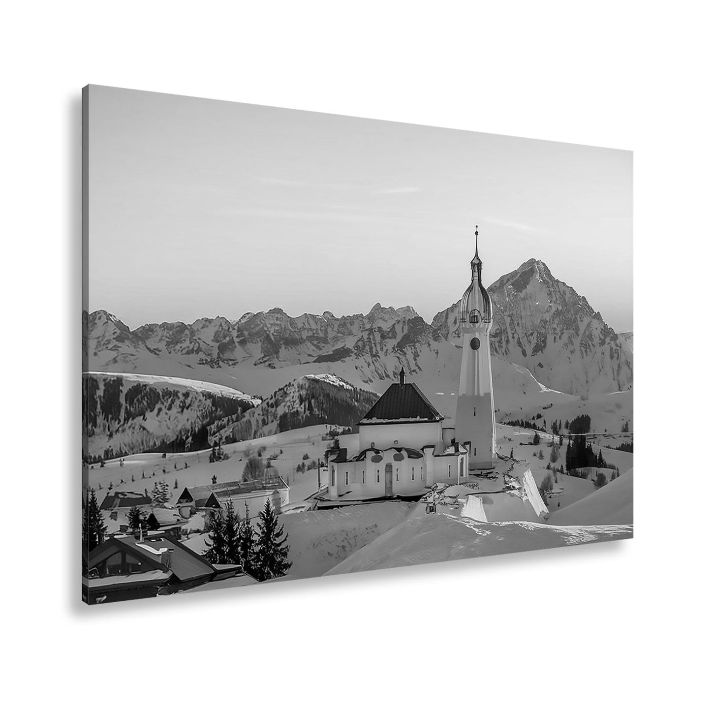 Leinwandbild Winterkirche im Alpenglühen – Stille trifft Erhabenheit. - deyoli