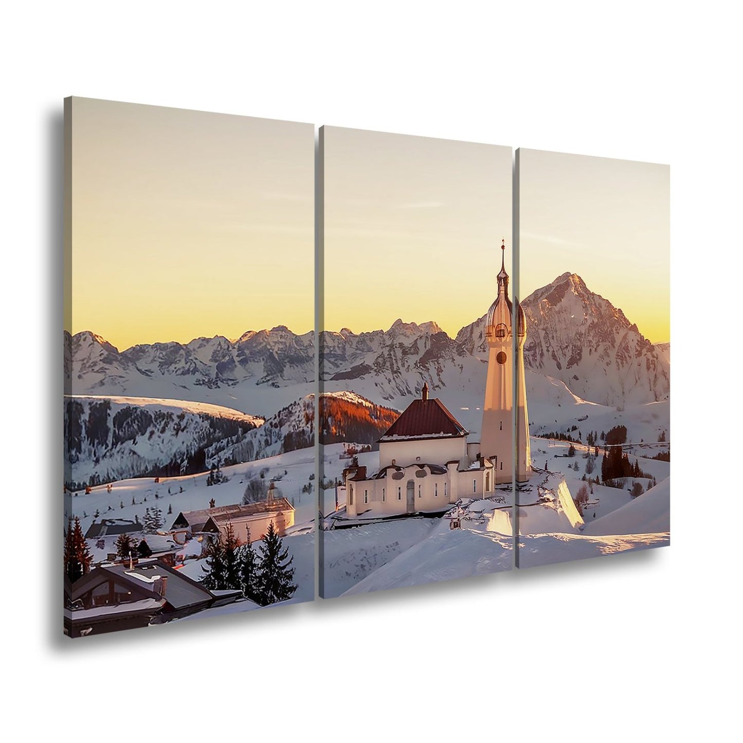Leinwandbild Winterkirche im Alpenglühen – Stille trifft Erhabenheit. - deyoli