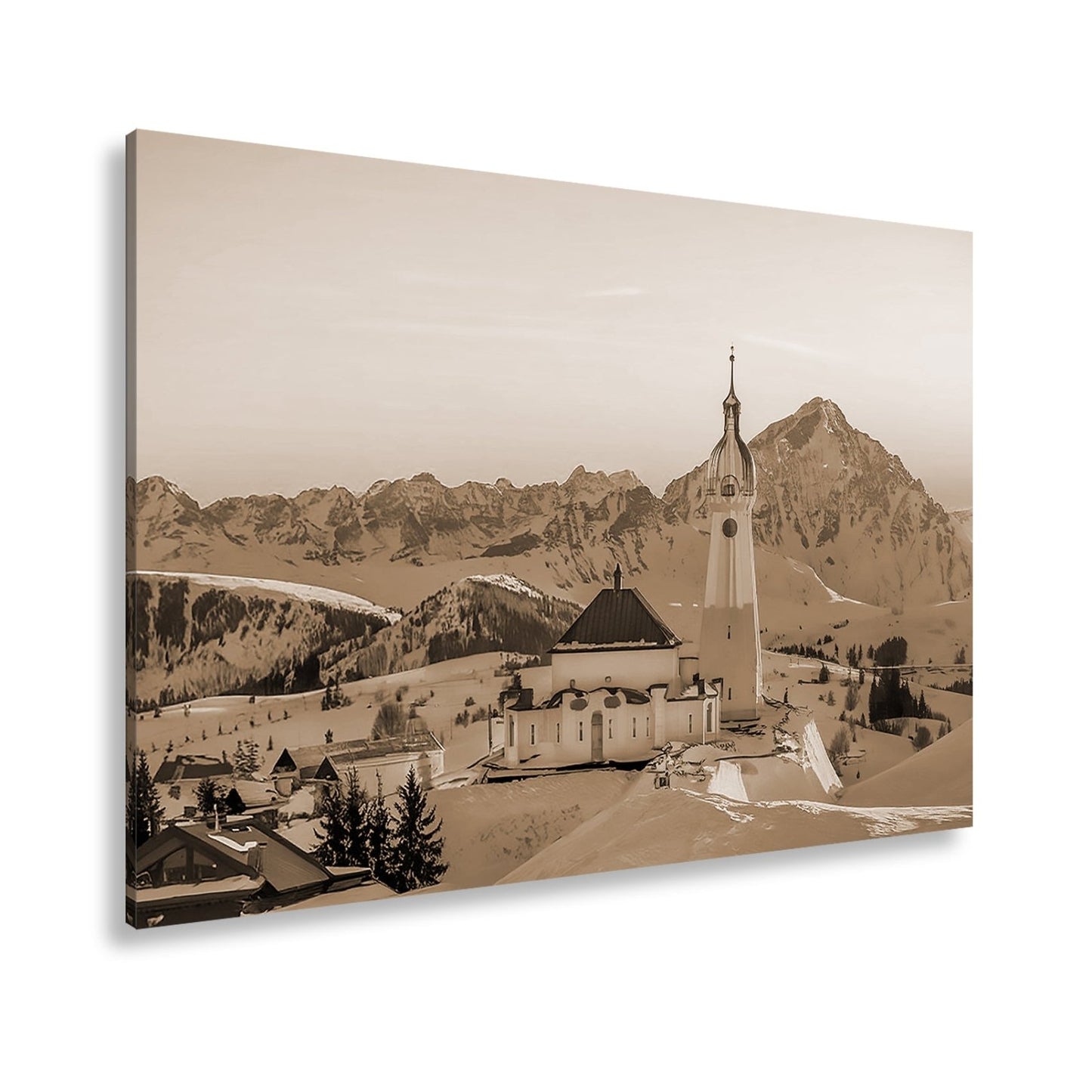 Leinwandbild Winterkirche im Alpenglühen – Stille trifft Erhabenheit. - deyoli