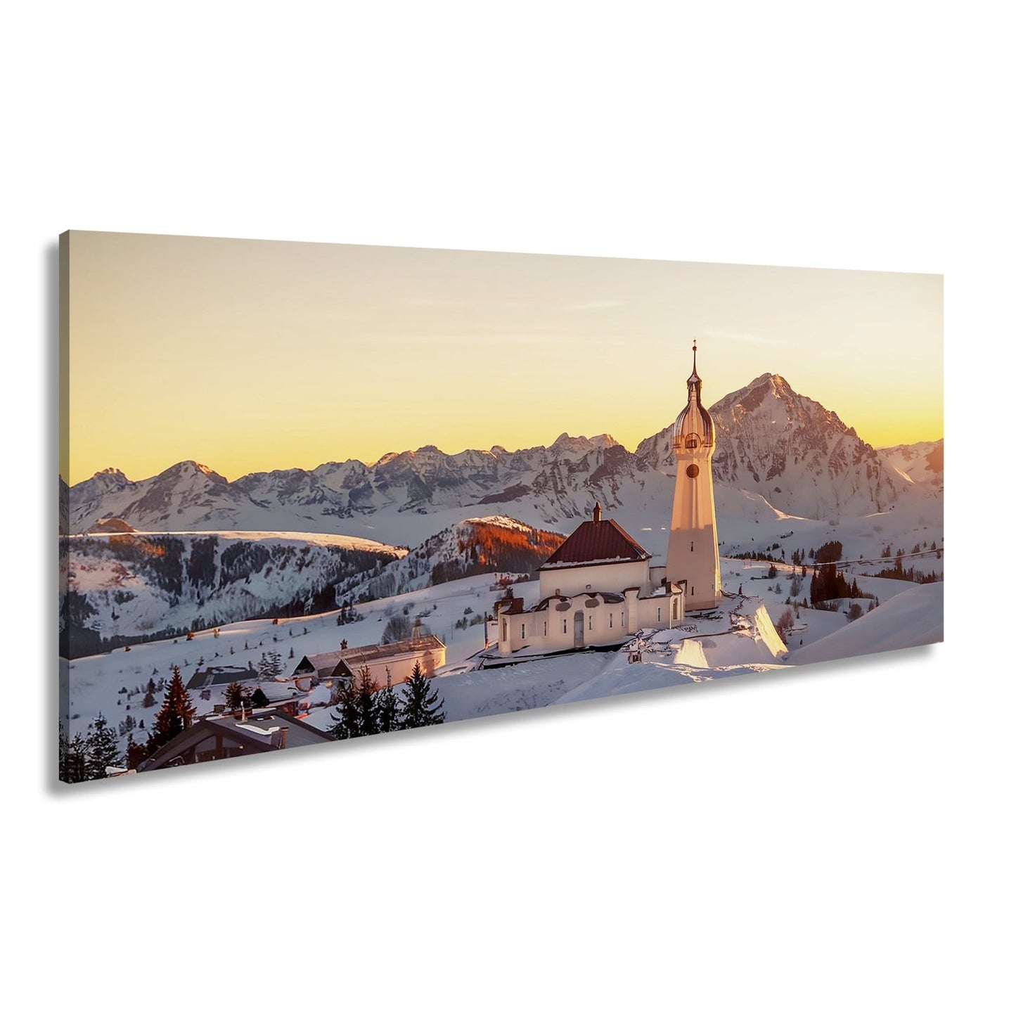 Leinwandbild Winterkirche im Alpenglühen – Stille trifft Erhabenheit. - deyoli