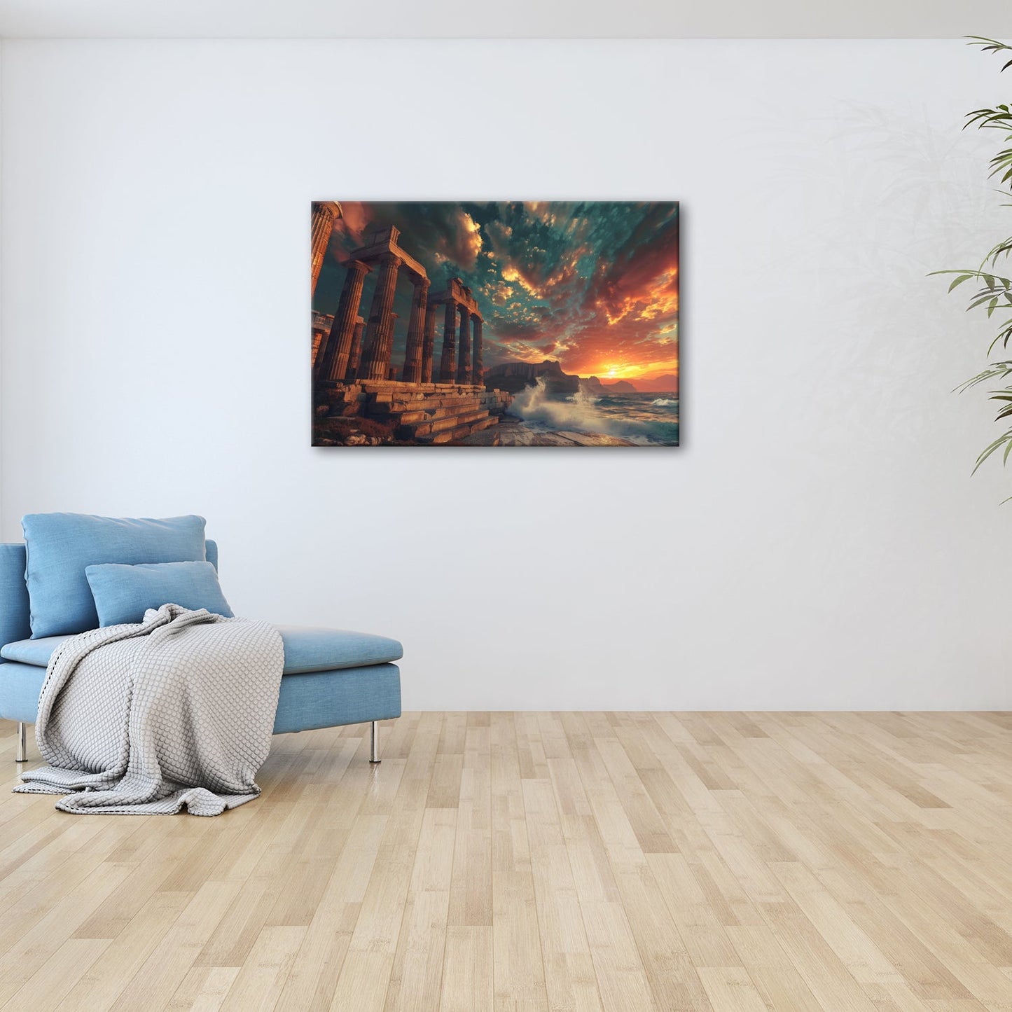 Leinwandbild Wogen treffen antike Säulen im Abendhimmel XXL – Meer Architektur - deyoli