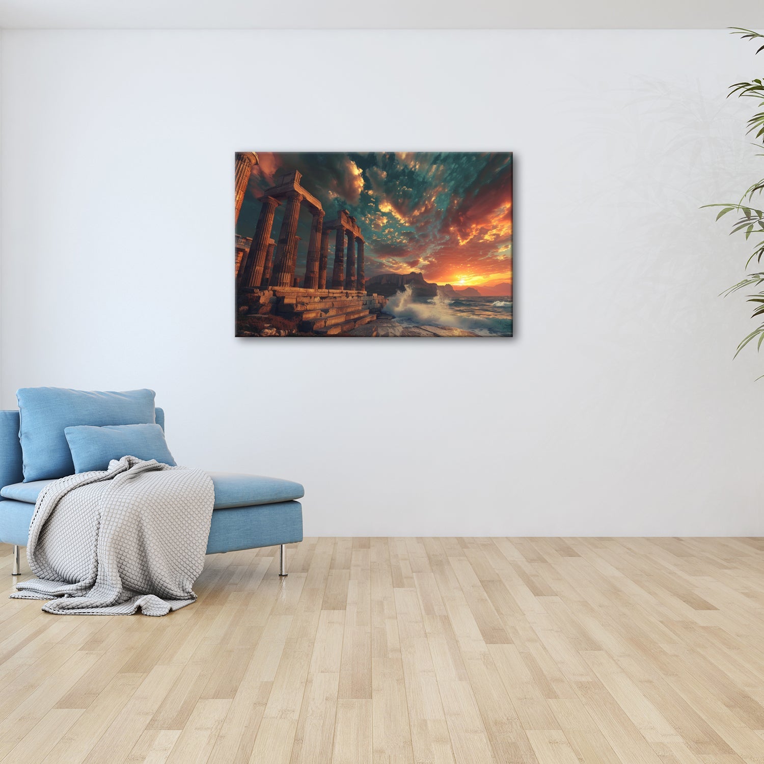Leinwandbild Wogen treffen antike Säulen im Abendhimmel XXL – Meer Architektur - deyoli