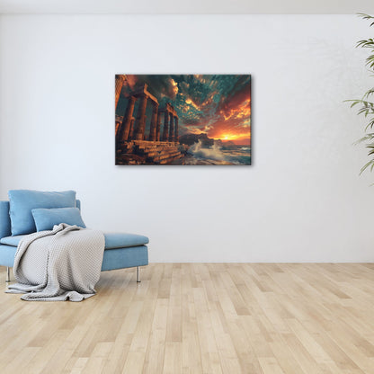 Leinwandbild Wogen treffen antike Säulen im Abendhimmel XXL – Meer Architektur - deyoli