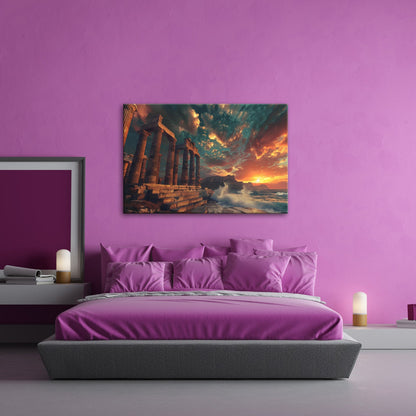 Leinwandbild Wogen treffen antike Säulen im Abendhimmel XXL – Meer Architektur - deyoli