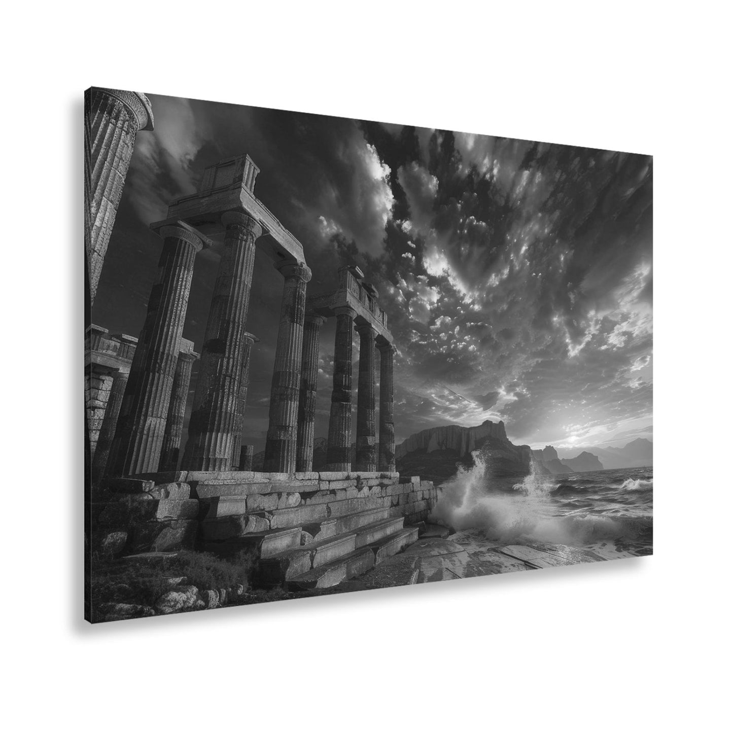 Leinwandbild Wogen treffen antike Säulen im Abendhimmel XXL – Meer Architektur - deyoli