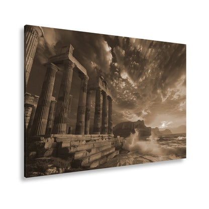 Leinwandbild Wogen treffen antike Säulen im Abendhimmel XXL – Meer Architektur - deyoli