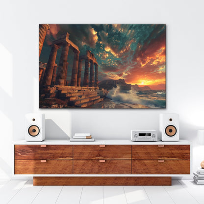 Leinwandbild Wogen treffen antike Säulen im Abendhimmel XXL – Meer Architektur - deyoli