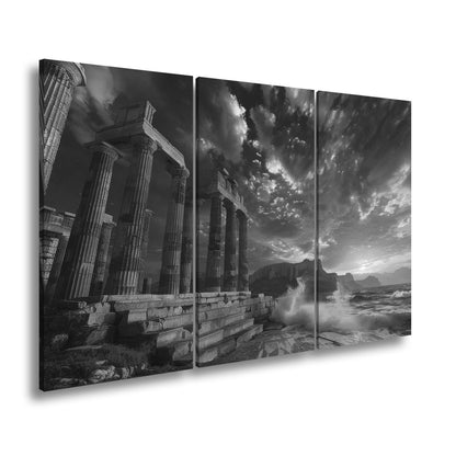 Leinwandbild Wogen treffen antike Säulen im Abendhimmel XXL – Meer Architektur - deyoli