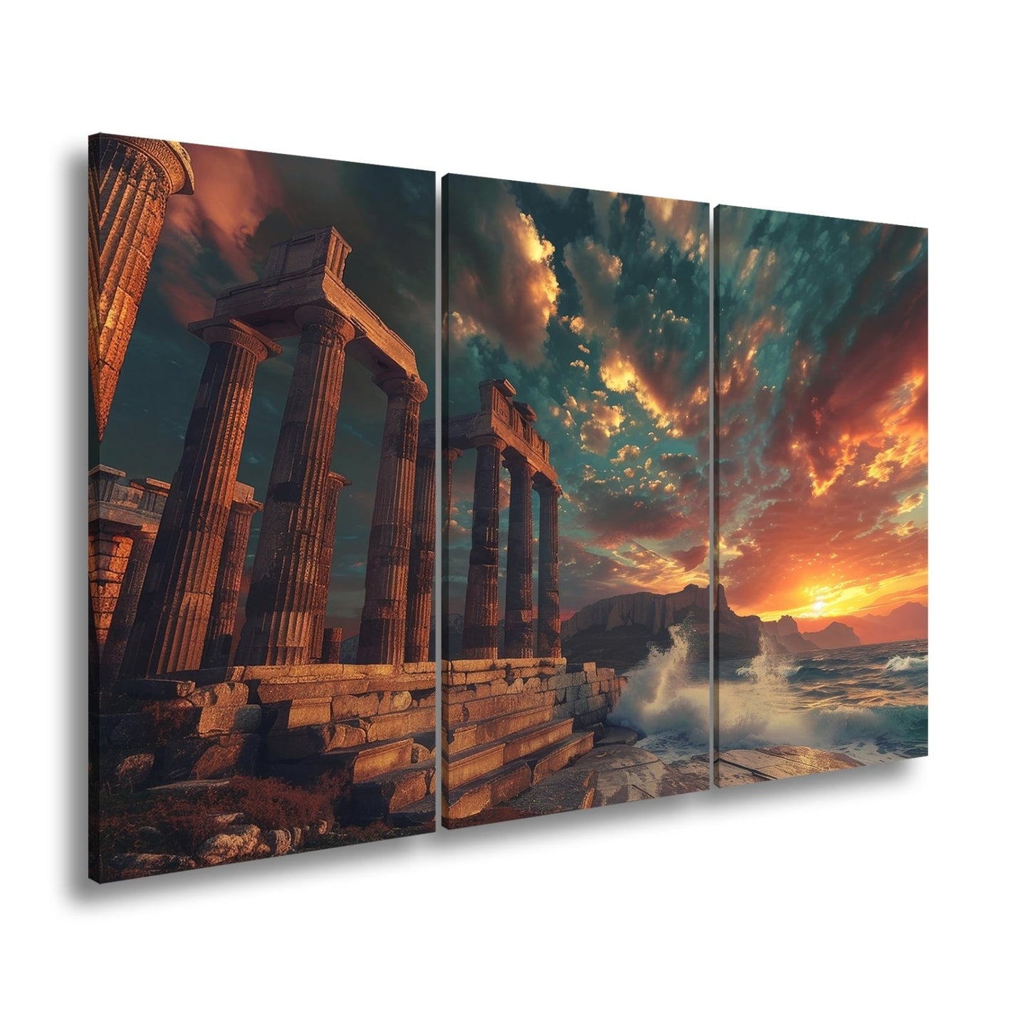 Leinwandbild Wogen treffen antike Säulen im Abendhimmel XXL – Meer Architektur - deyoli