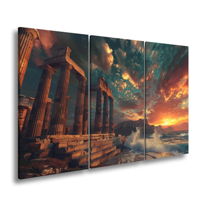 Leinwandbild Wogen treffen antike Säulen im Abendhimmel XXL – Meer Architektur - deyoli
