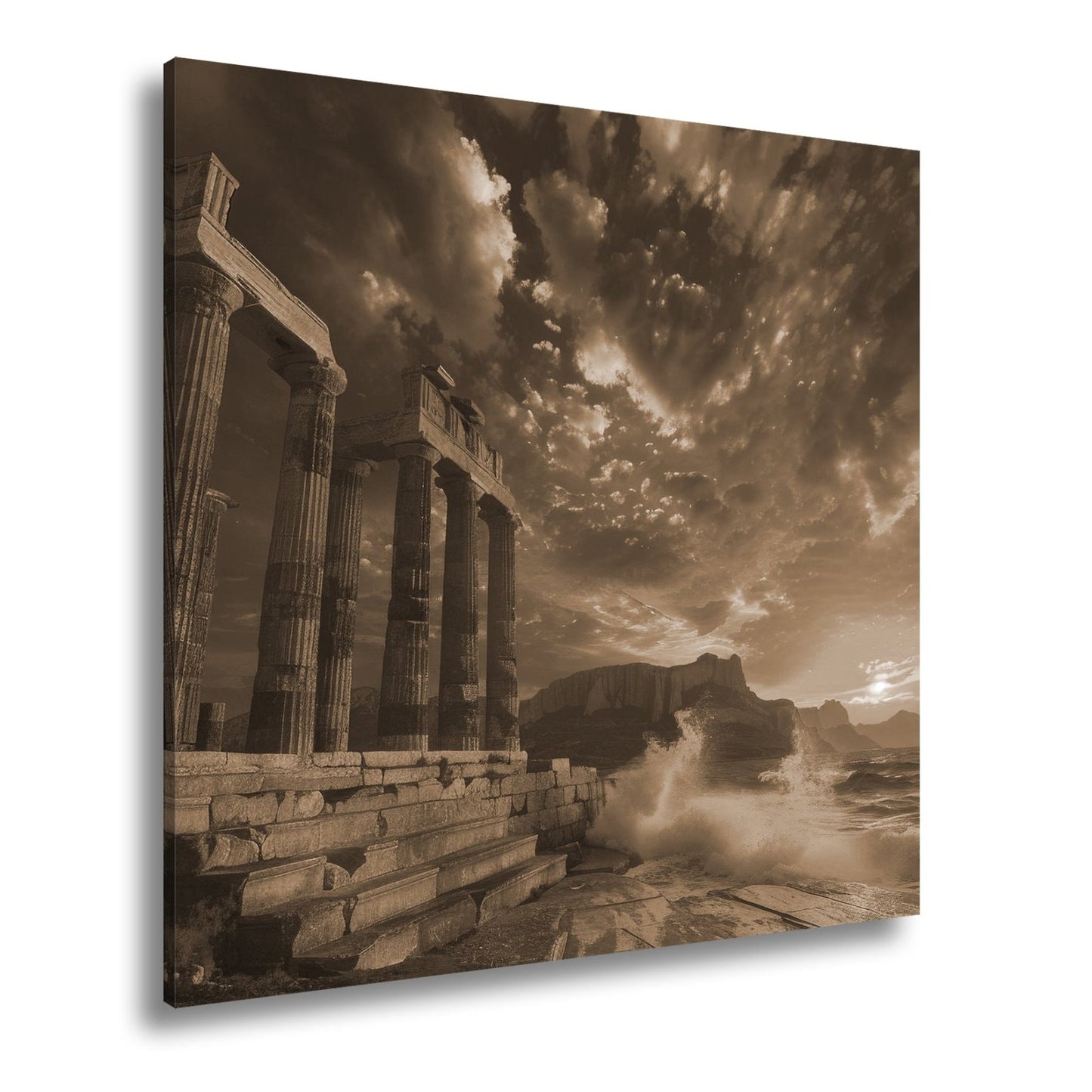 Leinwandbild Wogen treffen antike Säulen im Abendhimmel XXL – Meer Architektur - deyoli