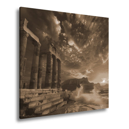 Leinwandbild Wogen treffen antike Säulen im Abendhimmel XXL – Meer Architektur - deyoli