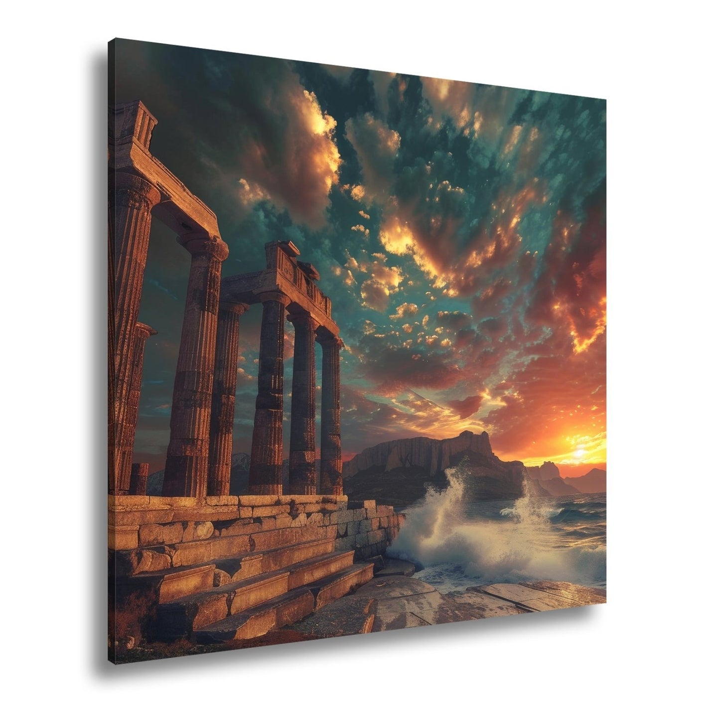 Leinwandbild Wogen treffen antike Säulen im Abendhimmel XXL – Meer Architektur - deyoli