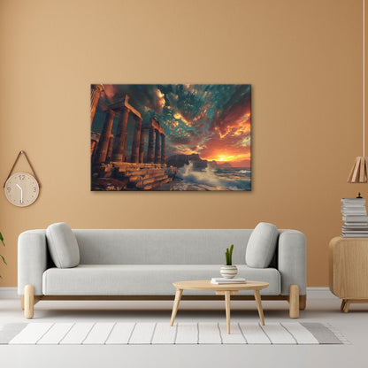 Leinwandbild Wogen treffen antike Säulen im Abendhimmel XXL – Meer Architektur - deyoli