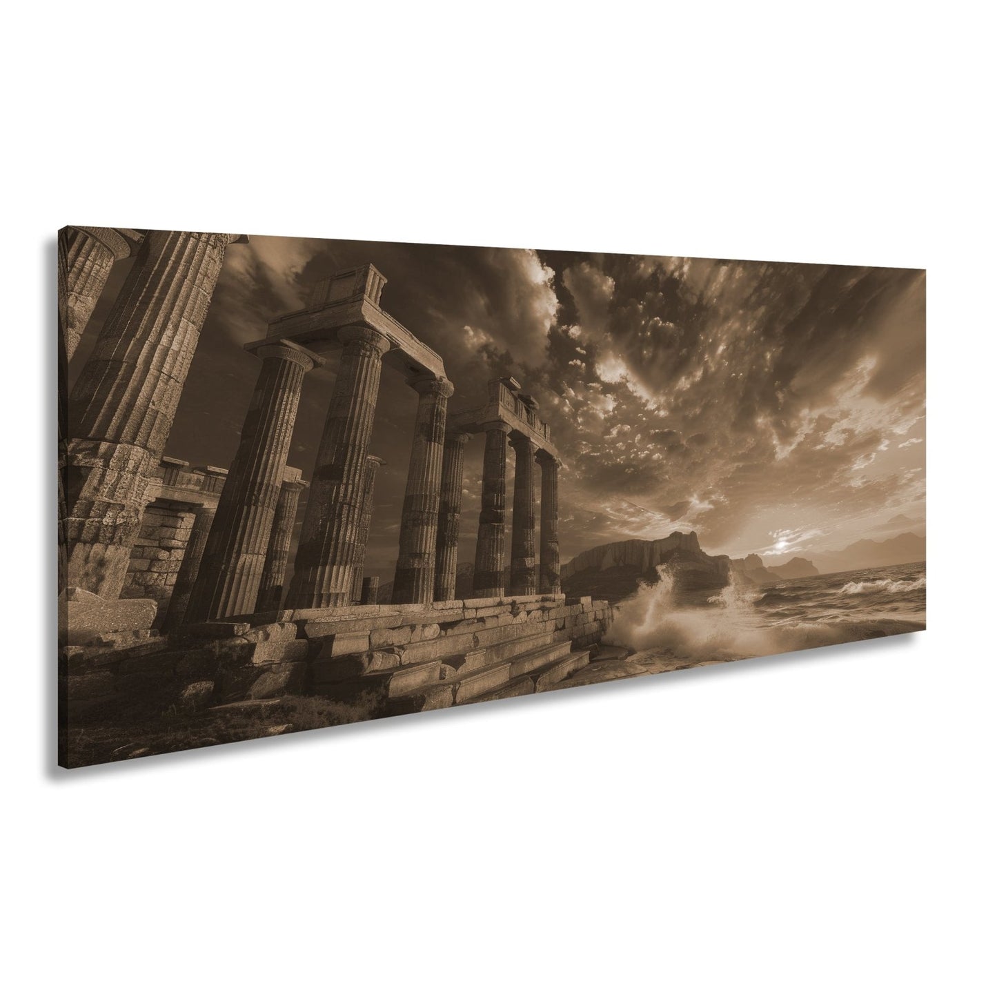 Leinwandbild Wogen treffen antike Säulen im Abendhimmel XXL – Meer Architektur - deyoli