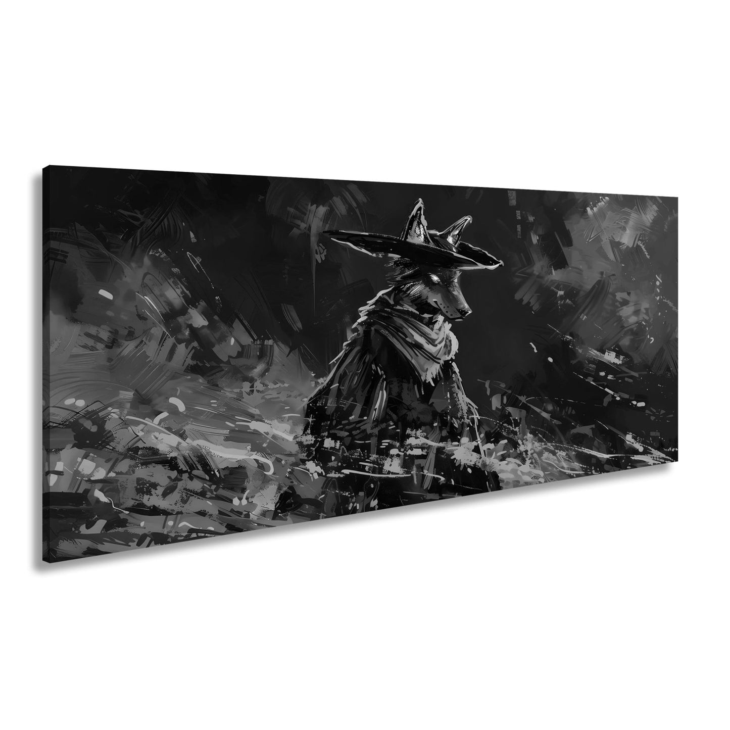 Leinwandbild Wolf XXL – Stilvoll im Mantel aus Licht und Schatten - deyoli