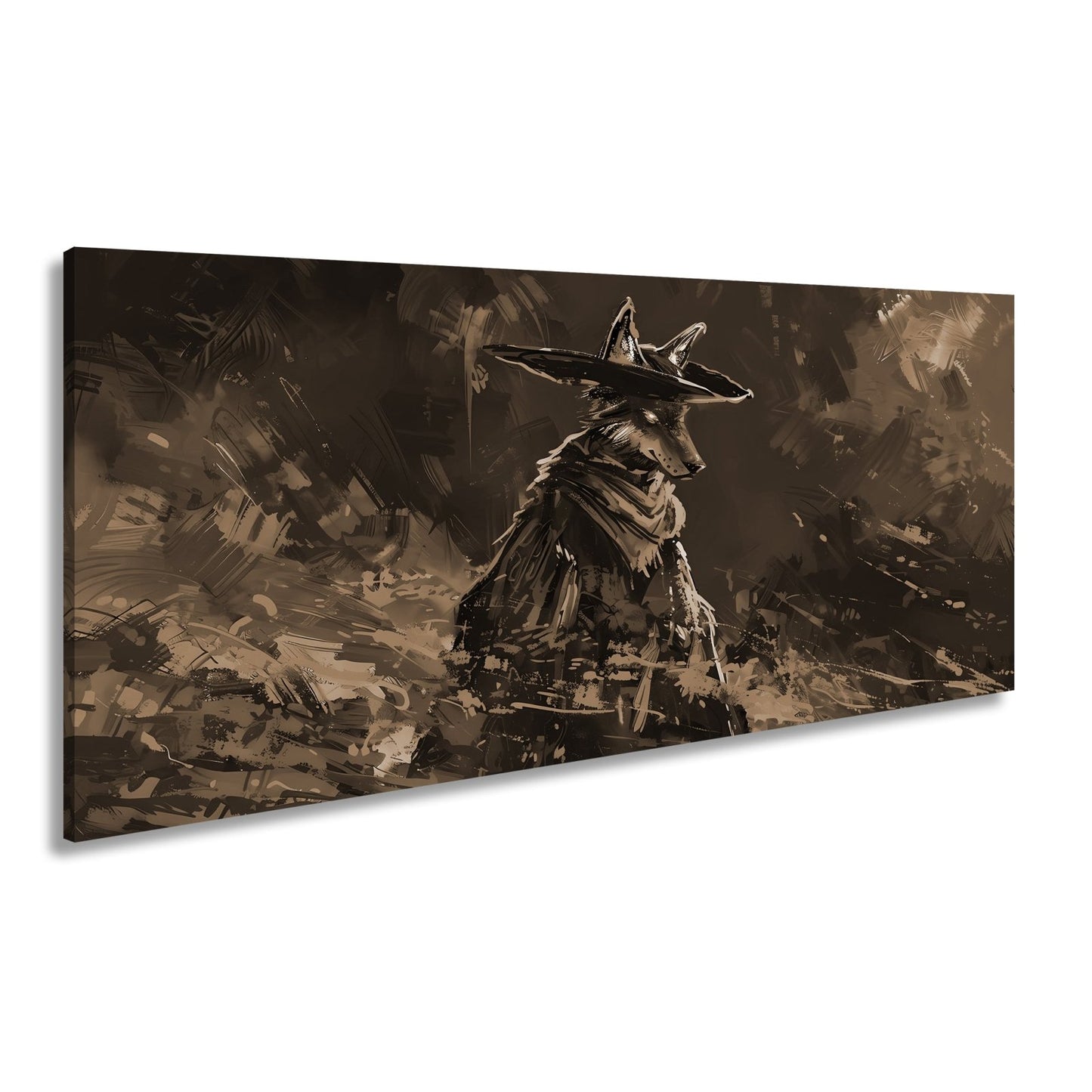 Leinwandbild Wolf XXL – Stilvoll im Mantel aus Licht und Schatten - deyoli