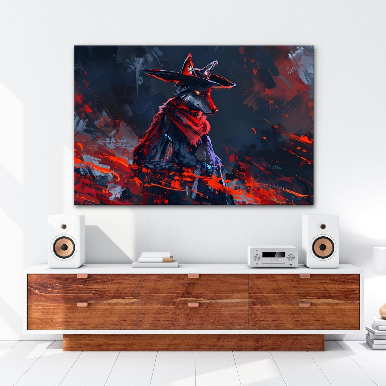 Leinwandbild Wolf XXL – Stilvoll im Mantel aus Licht und Schatten - deyoli