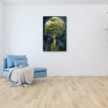 Leinwandbild Wurzeln in den Sternen – die Erde ruht im Baum. - deyoli