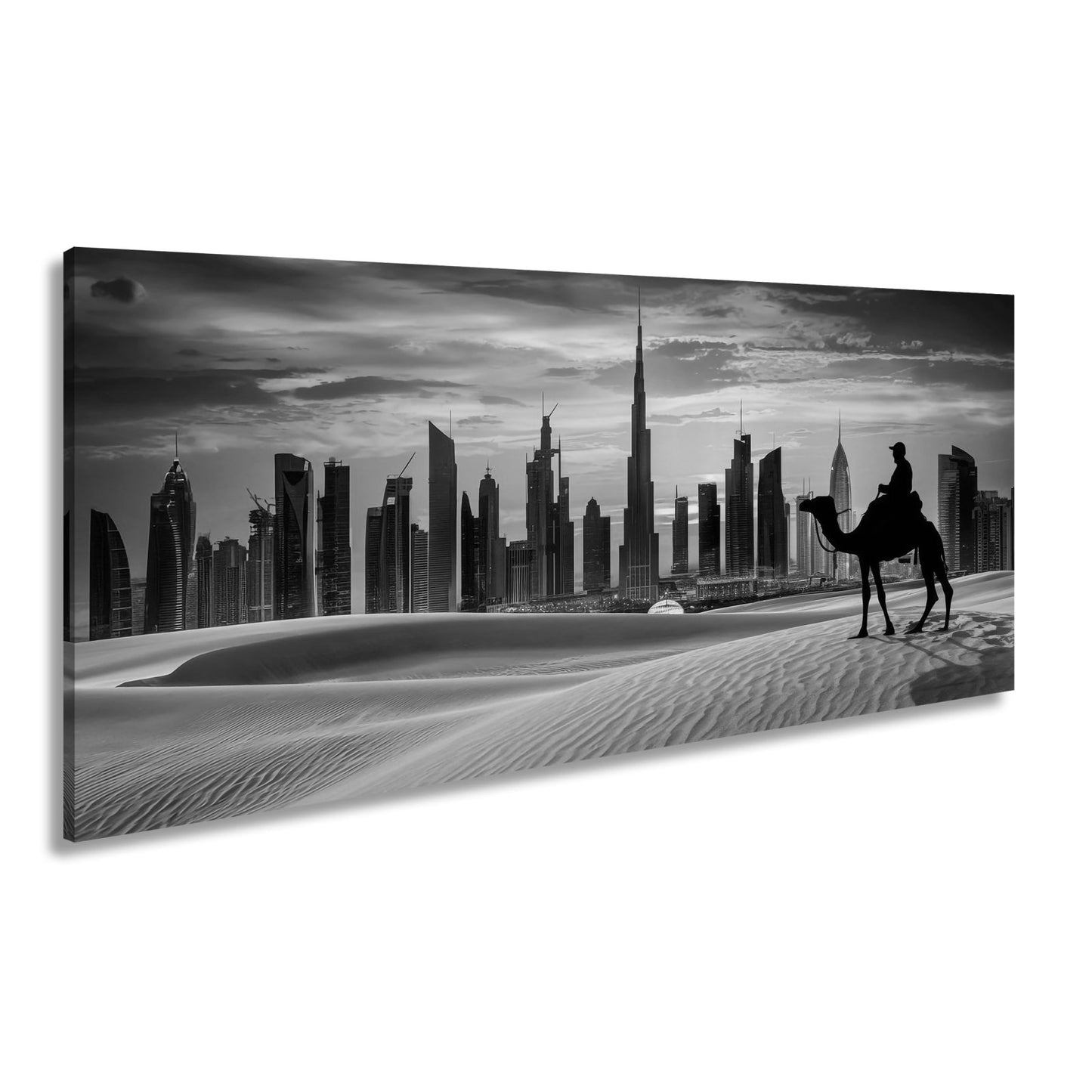 Leinwandbild Wüstensilhouette trifft auf Dubais flammenden Abendhimmel - deyoli