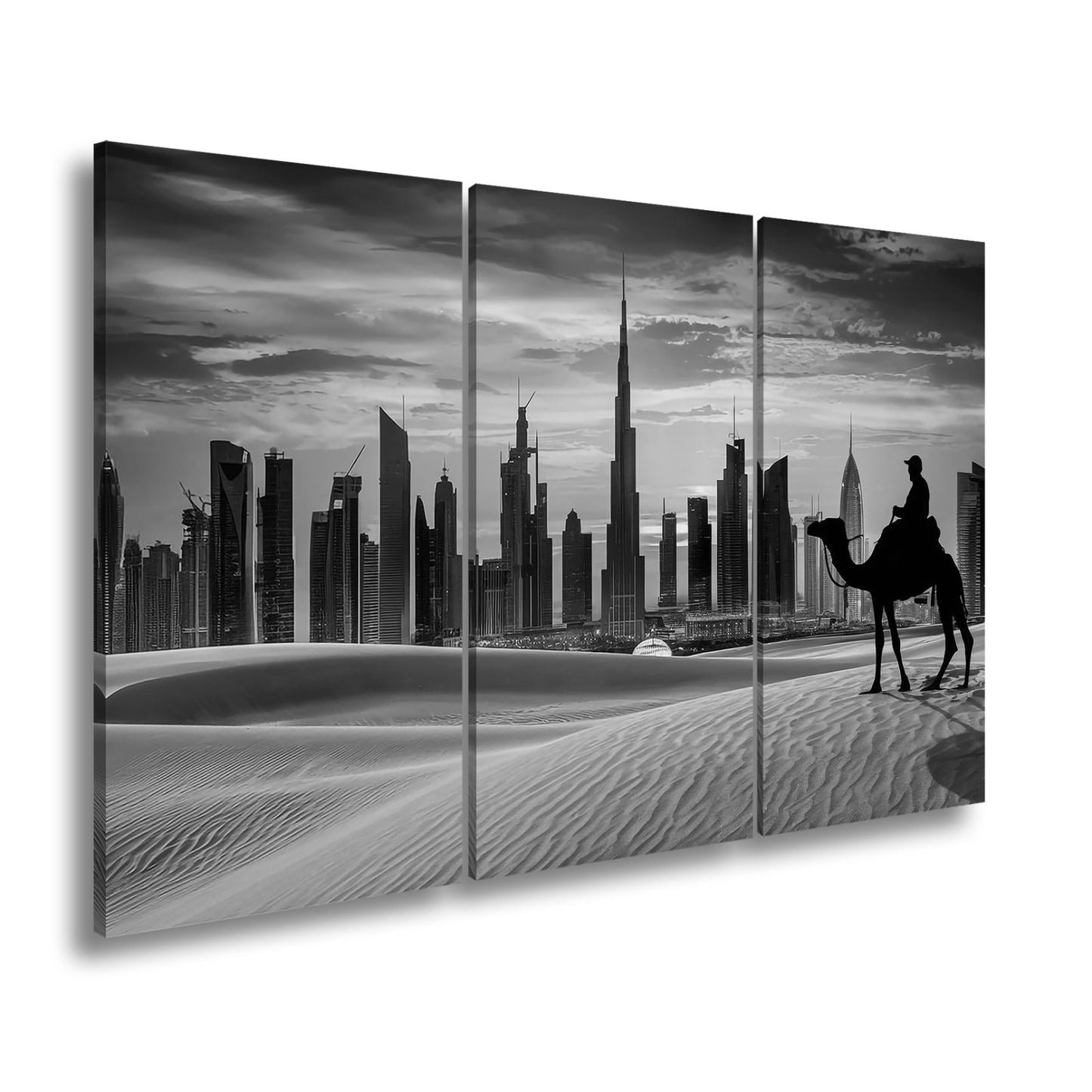 Leinwandbild Wüstensilhouette trifft auf Dubais flammenden Abendhimmel - deyoli