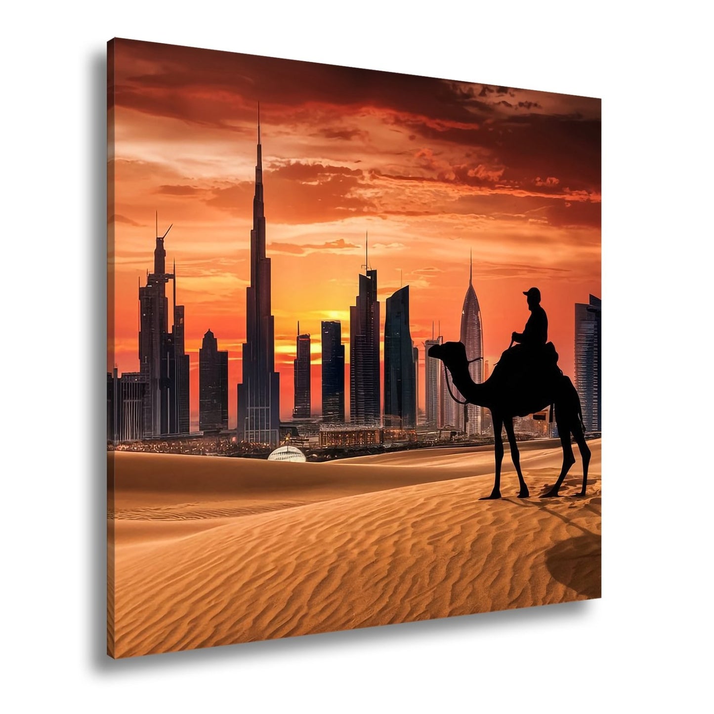 Leinwandbild Wüstensilhouette trifft auf Dubais flammenden Abendhimmel - deyoli